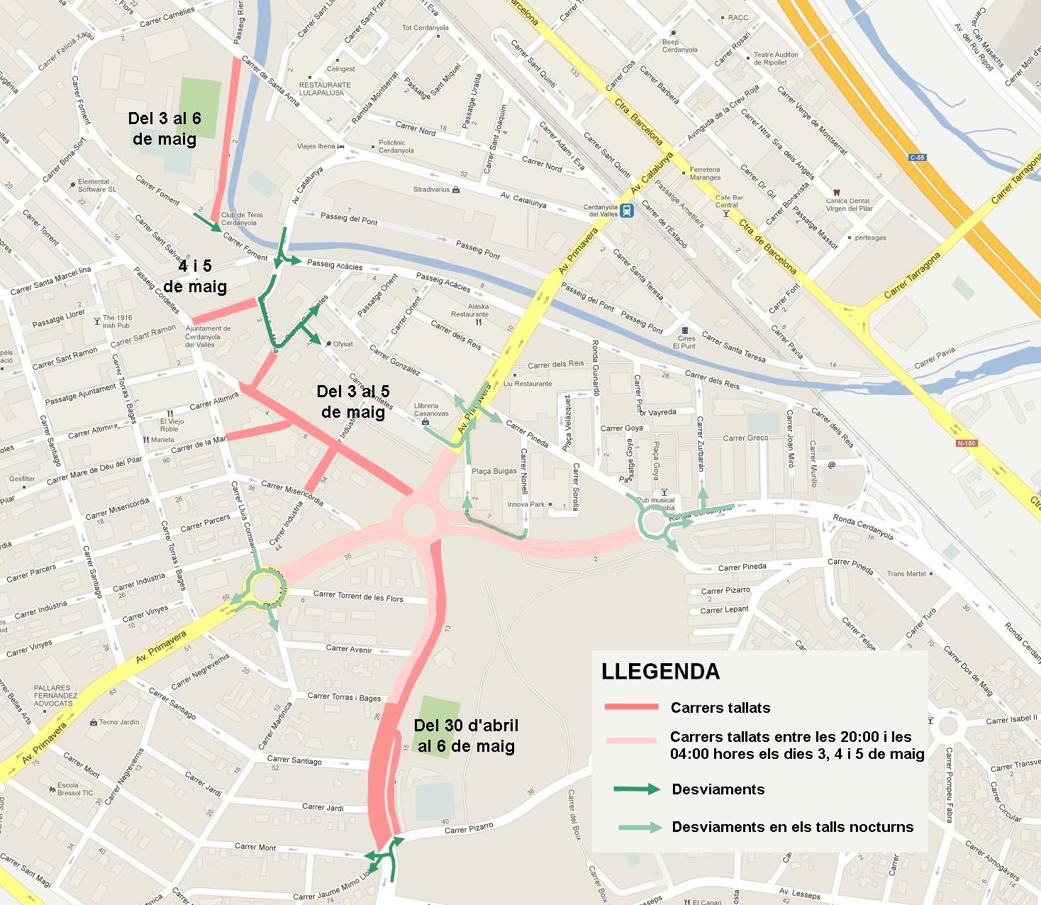 Mapa de les afectacions al trànsit amb motiu del Roser de Maig. FOTO: Ajuntament