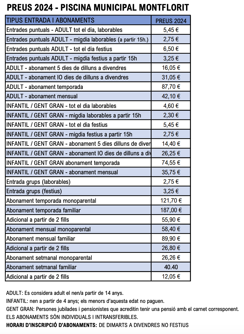 Tarifes 2024 de la piscina de Montflorit