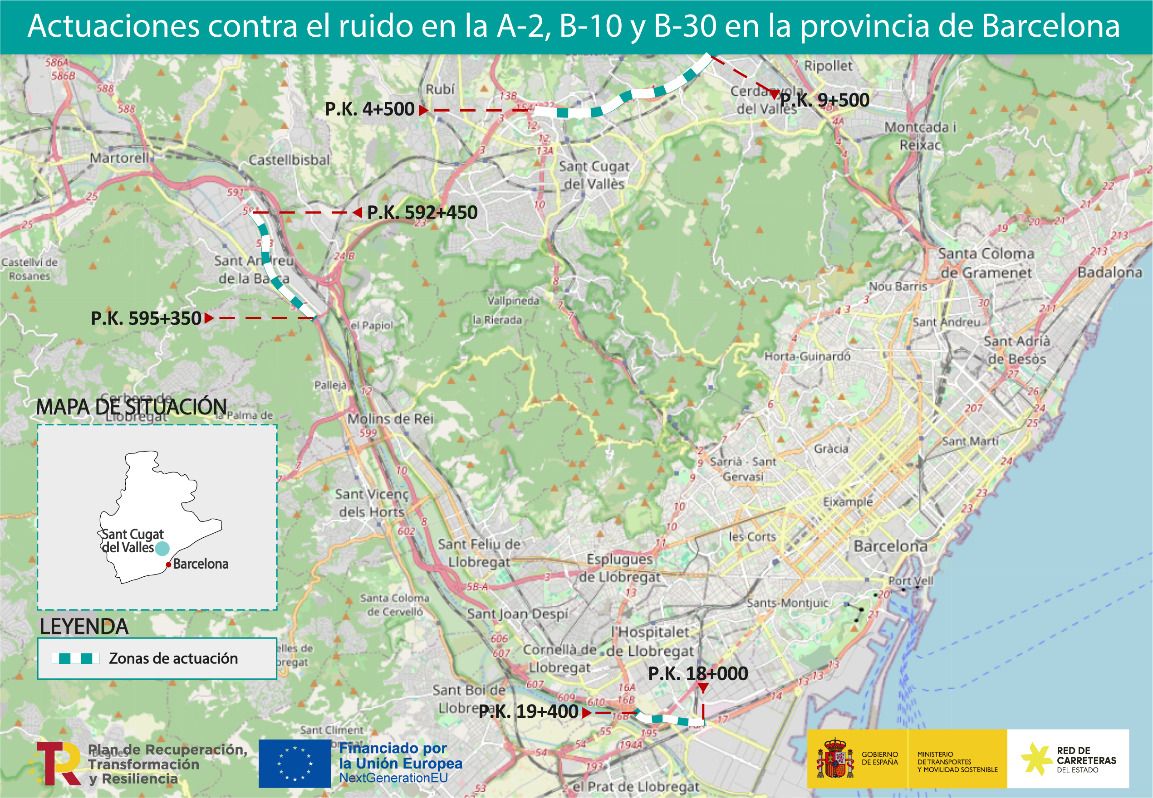 Mapa d'actuacions contra el soroll a la província de Barcelona. FOTO: Ministeri de Transports