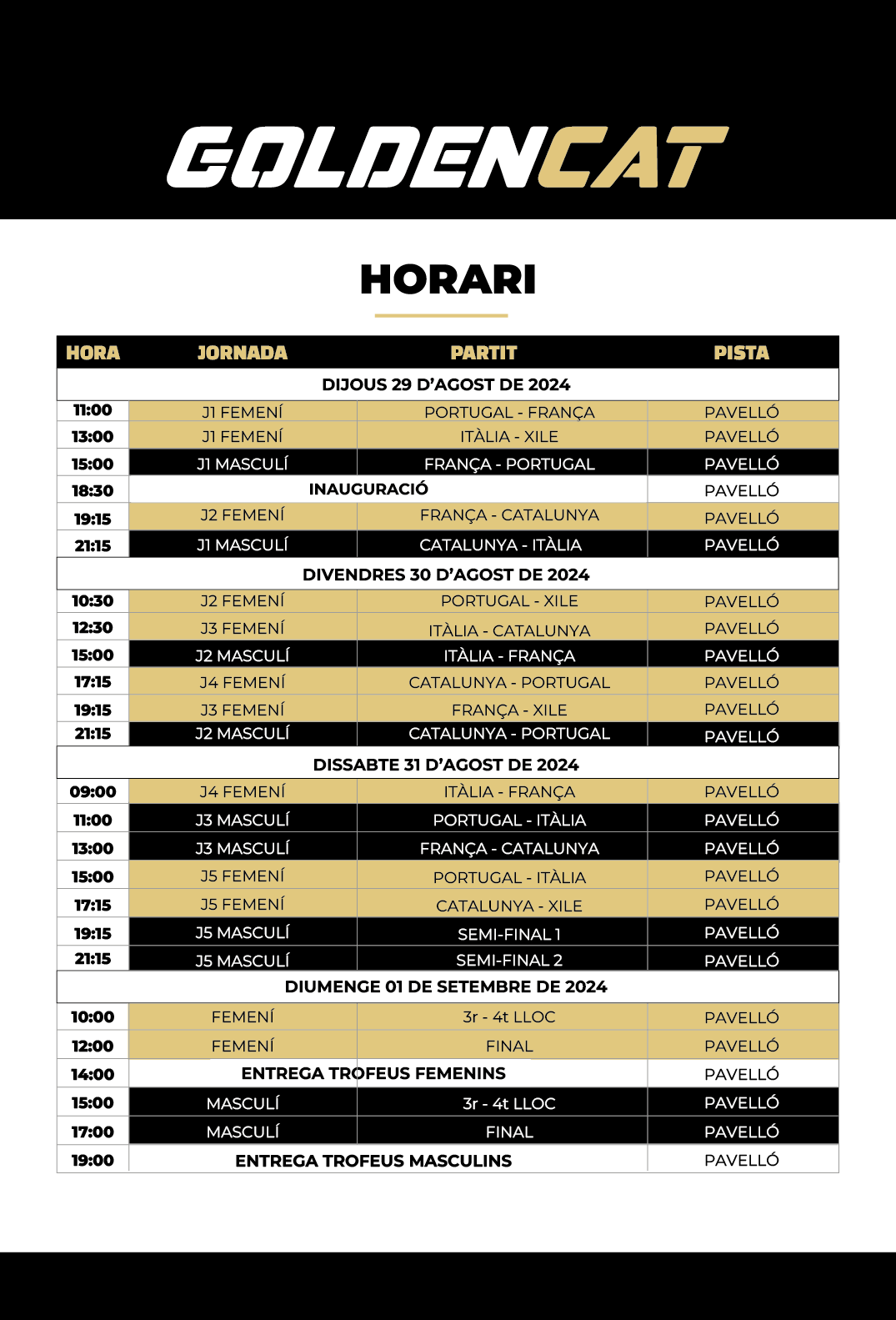 Horaris de la GoldenCat 2024. FOTO: FeCaPa