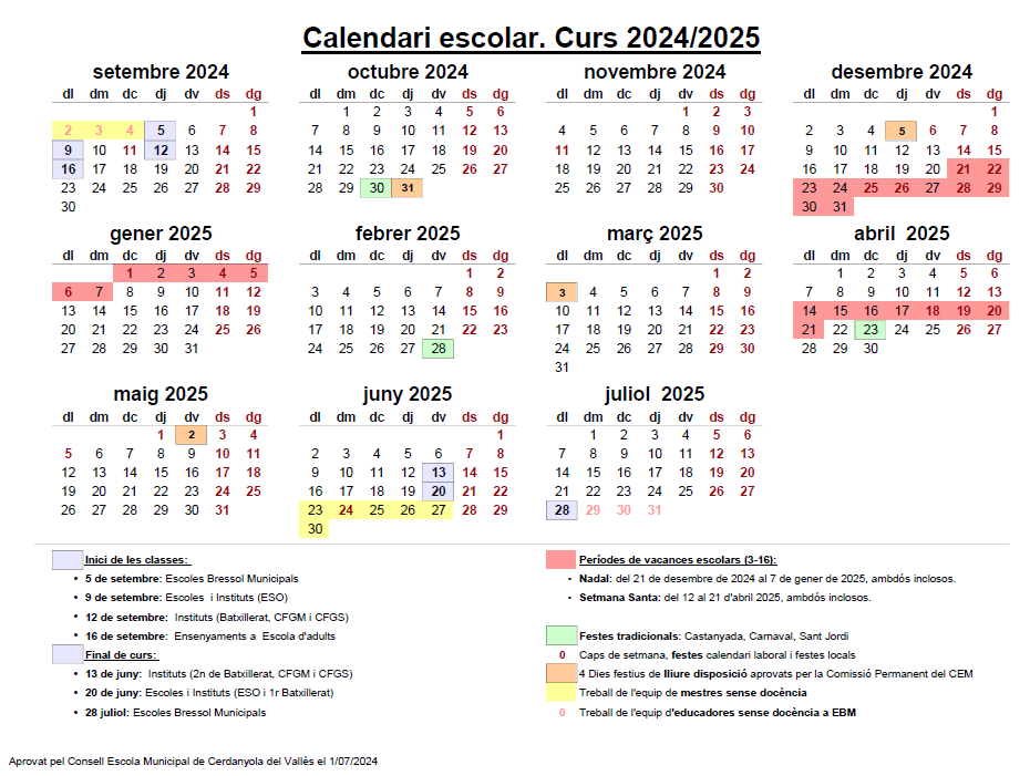 Calendari escolar de Cerdanyola del curs 2024/25