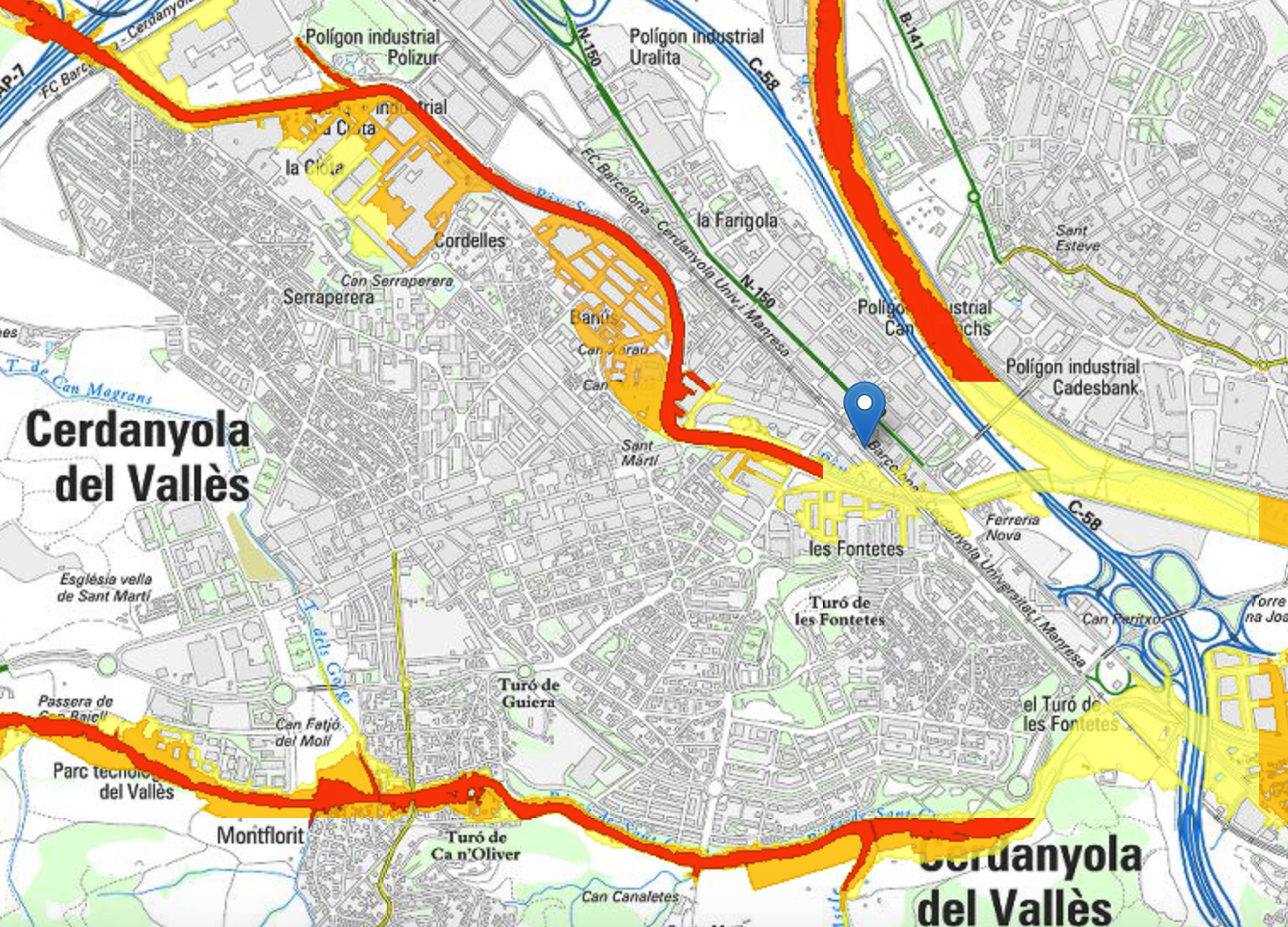 Mapa de Cerdanyola amb les zones inundables. FOTO: Protecció Civil