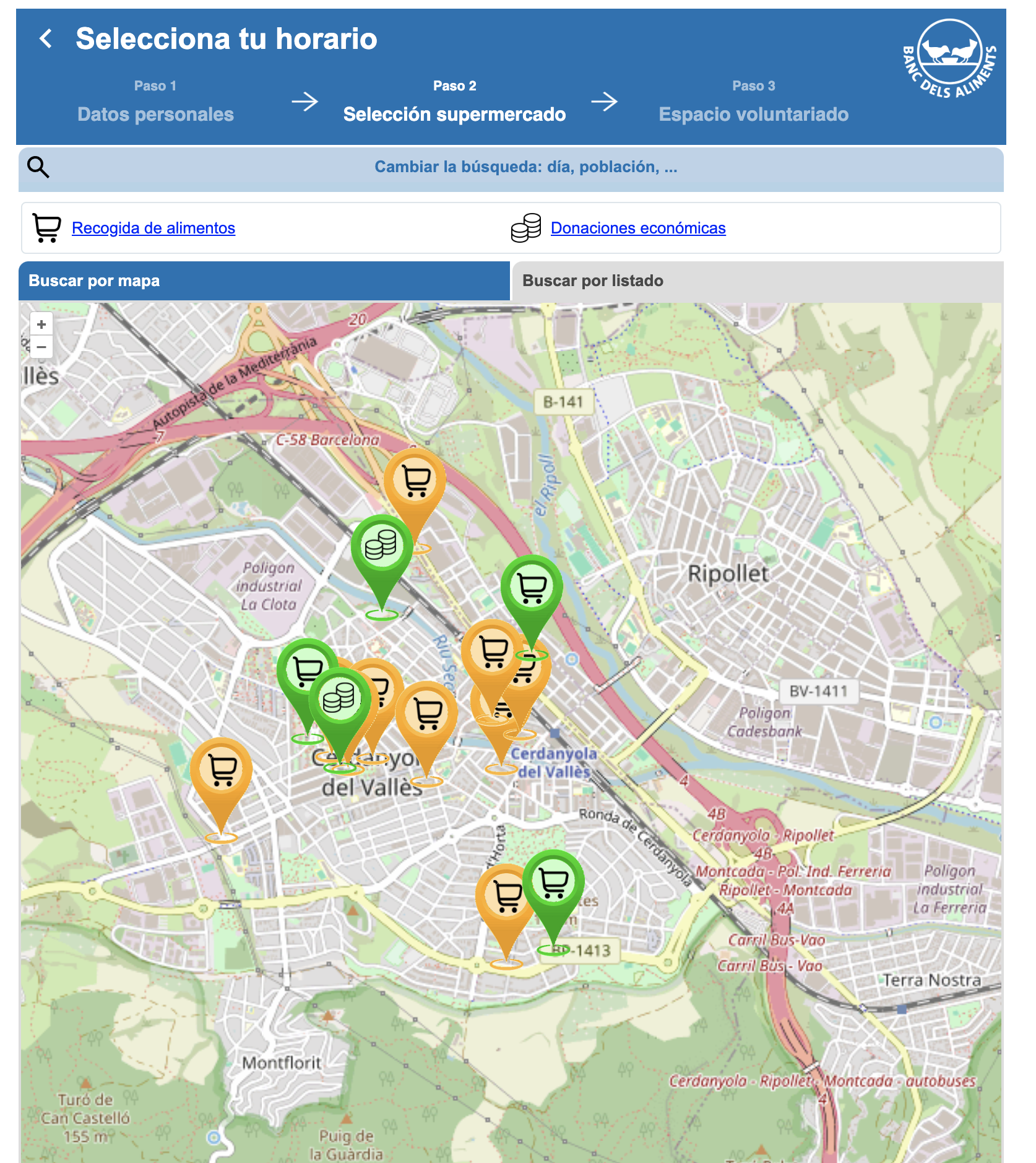 Mapa dels punts de recollida del Gran Recapte d'Aliments a Cerdanyola. FOTO: Caritas Cerdanyola