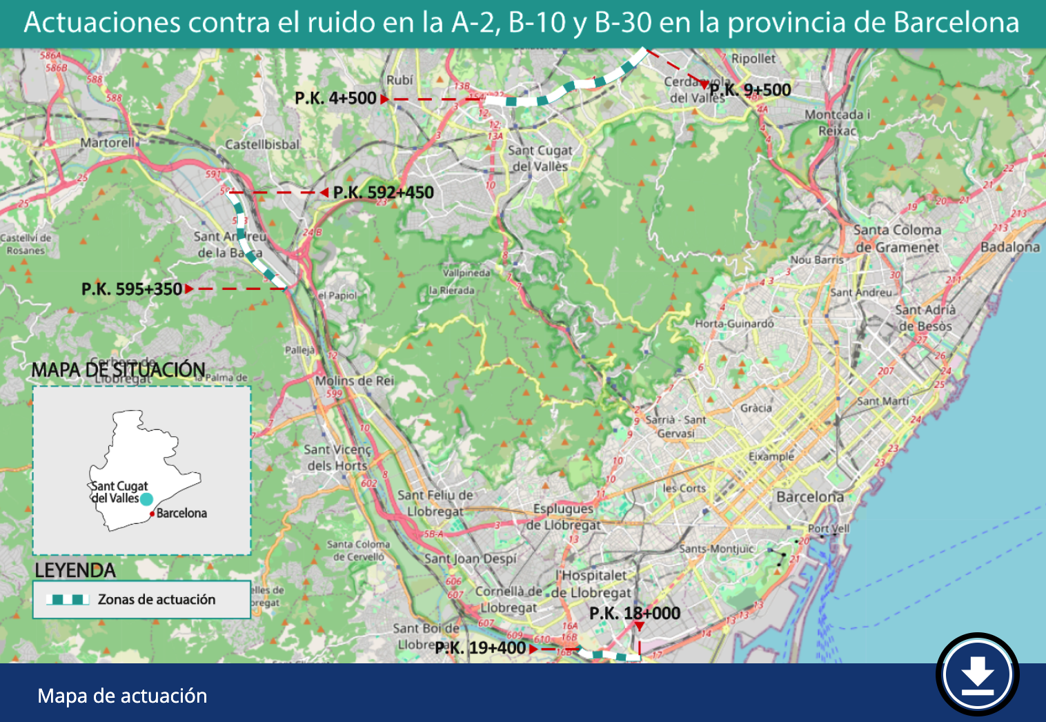 Mapa d'actuació a la B-30 entre Cerdanyola i Sant Cugat. FOTO: Ministerio de Transportes y Mobilidad Sostenible